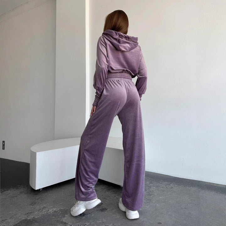 Damen Velours-Lounge-Set mit Cropped Kapuzenjacke und High-Waist weitem Bein Drune