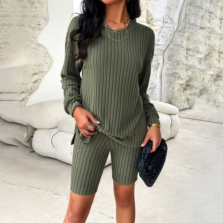 Damen nan geripptes Lounge-Set aus Feinstrick mit Oversize-Longsleeve und High‑Waist Bike-Shorts Drune