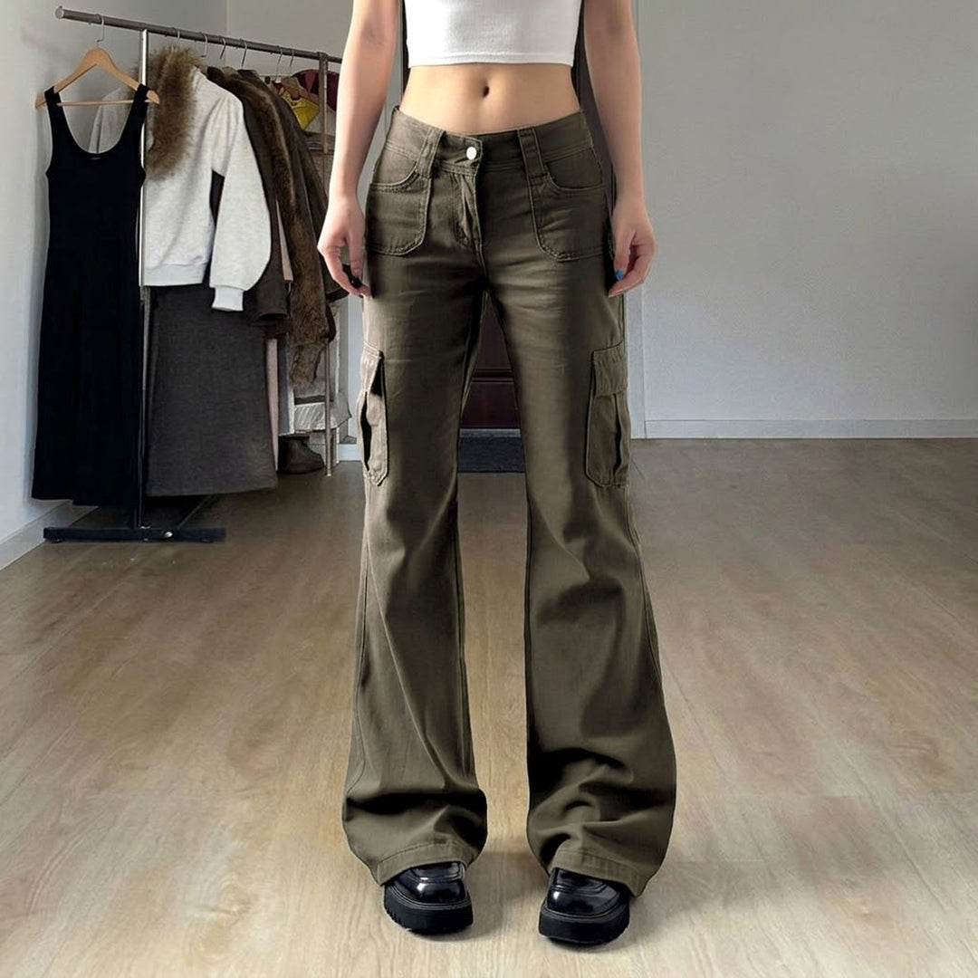 Damen Cargo-Flares mit hoher Taille, Klappentaschen und weitem Schlag Drune
