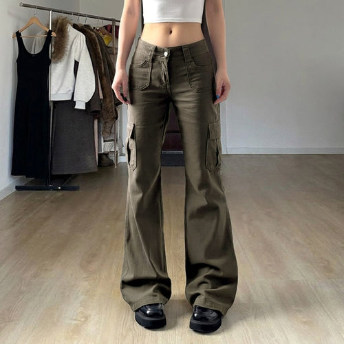 Damen Cargo-Flares mit hoher Taille, Klappentaschen und weitem Schlag Drune