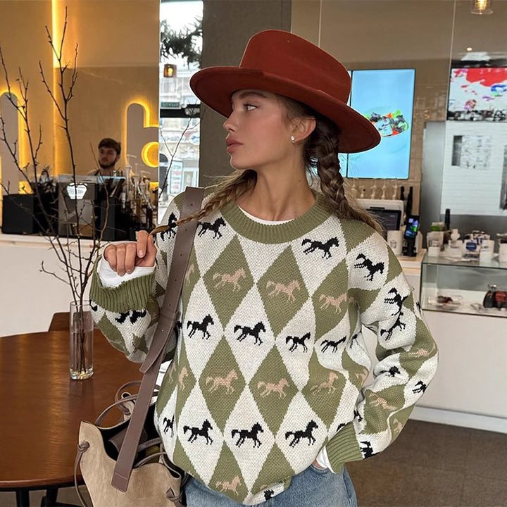 Damen Oversize Strickpullover mit Argyle-Muster und Pferde-Motiv Drune