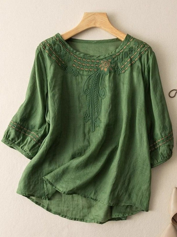 Damen Bestickte Leinenoptik-Bluse mit Rundhalsausschnitt und Dreiviertelärmeln Drune