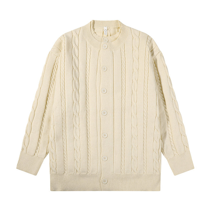 Unisex Übergroße Zopfmuster-Strickjacke mit Knopfleiste und Rundhalsausschnitt Drune