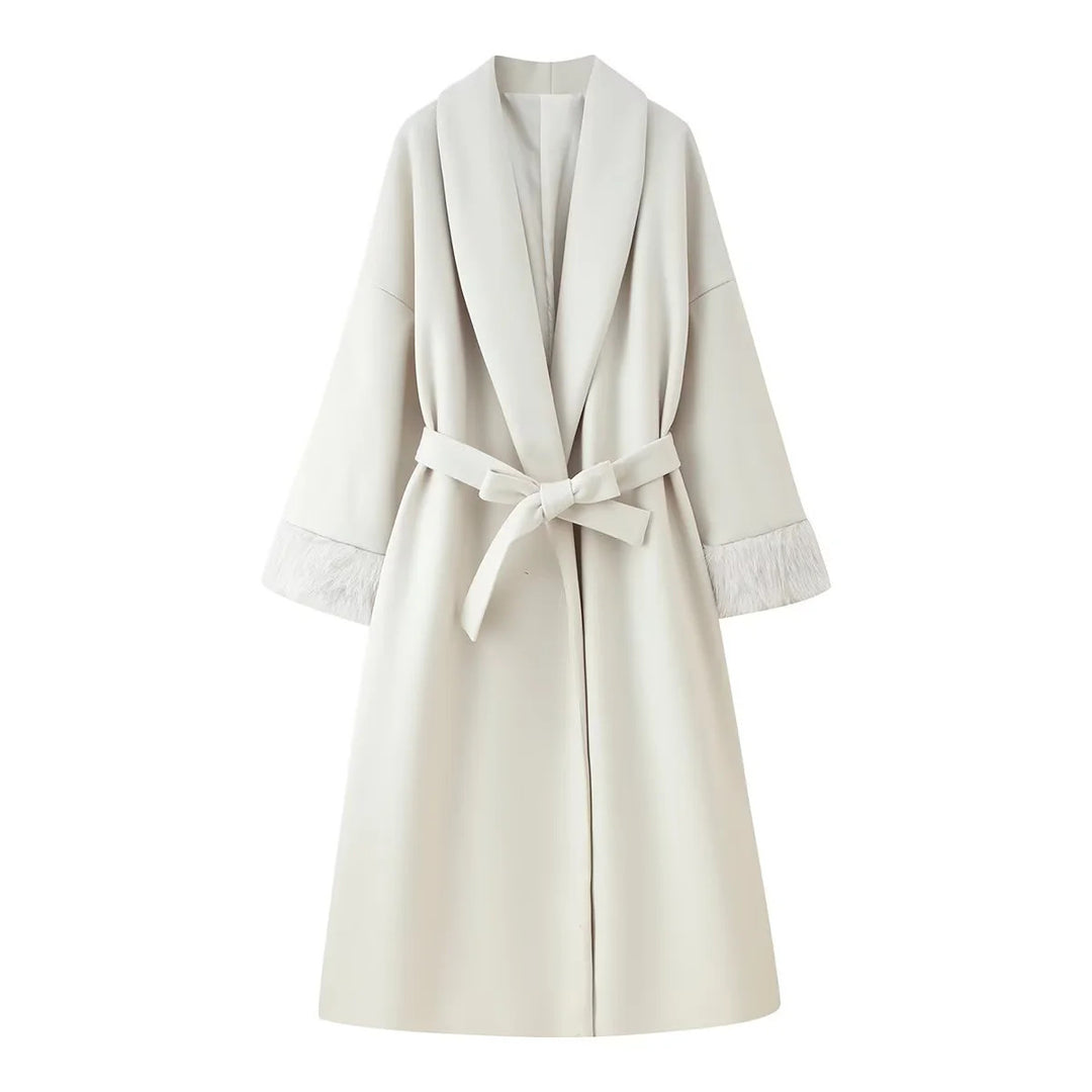 Damen nan oversize Mantelrobe mit weitem Schalkragen, Taillenband und Fauxfur-Manschetten Drune