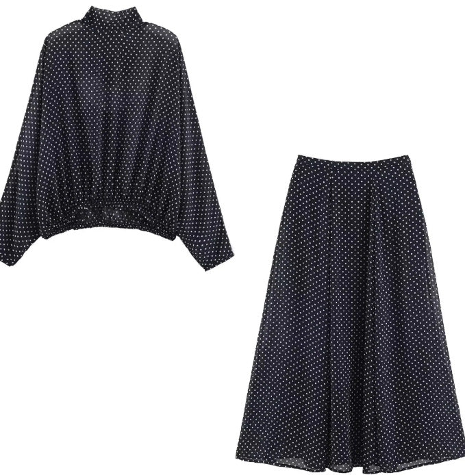 Damen 100+ oversized Pünktchenbluse mit Fledermausärmeln, Stehkragen und elastischem Saum Drune