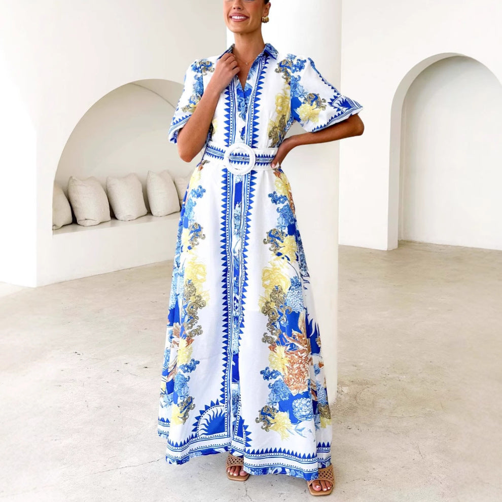 Damen Maxikleid mit floralem Knopfleisten-Design und tailliertem Gürtel Drune