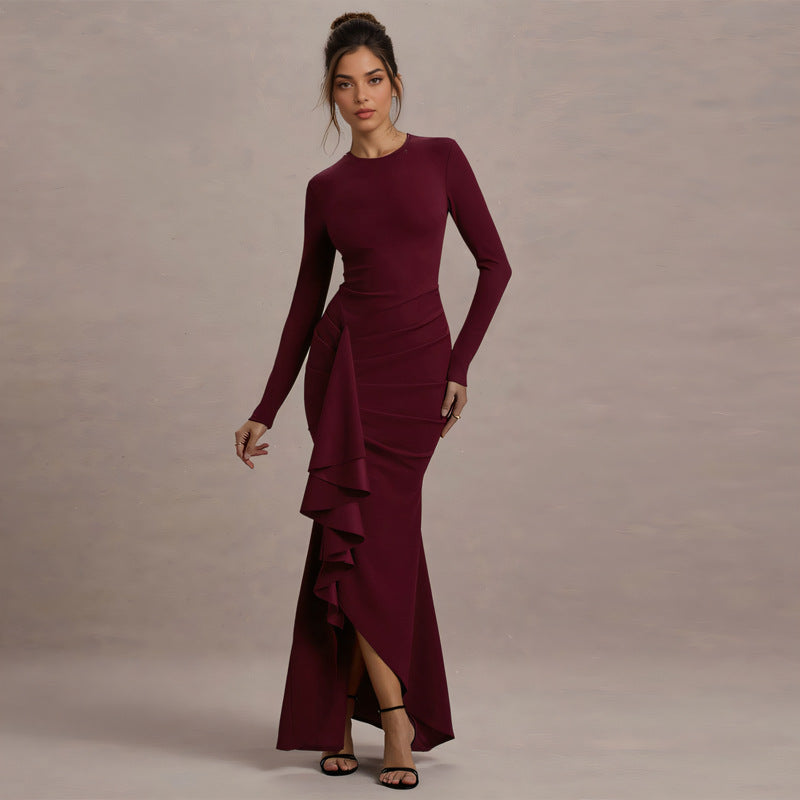 Damen Elegantes Abend-Maxikleid mit langen Ärmeln, figurbetonter Silhouette und seitlichem Volant Drune