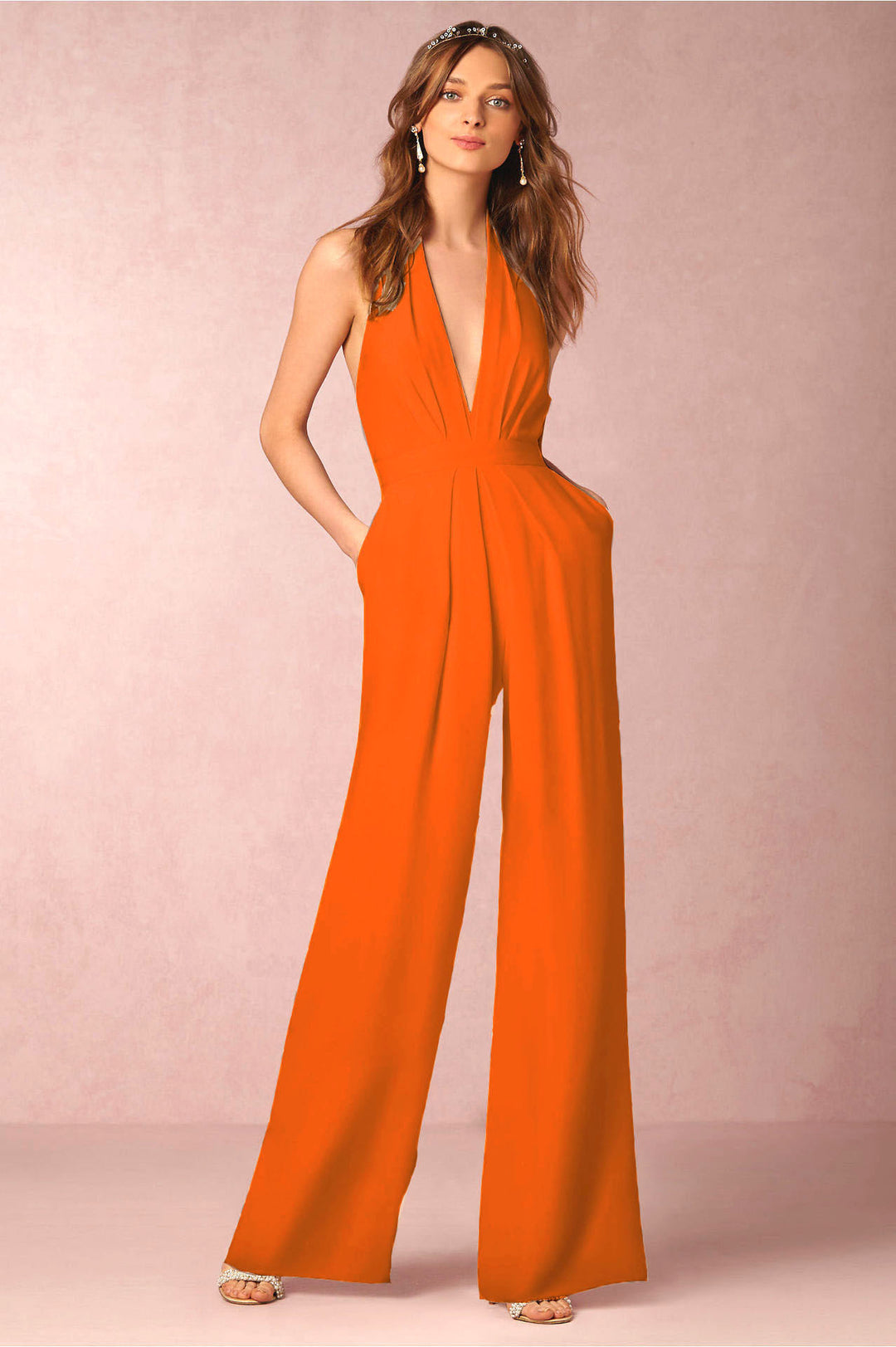 Damen eleganter Jumpsuit mit tiefem V-Ausschnitt und weitem Bein Drune
