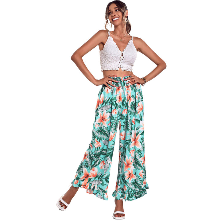 Damen weite Strandhose mit floralem Muster und elastischem Bund Drune