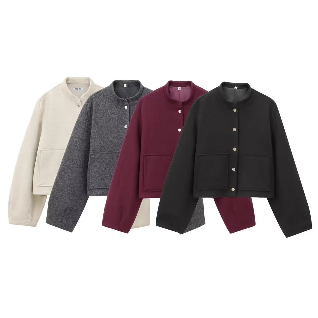 Damen 500+ Cropped Boxy Wollmix‑Blousonjacke mit Stehkragen, Druckknöpfen und großen aufgesetzten Taschen Drune