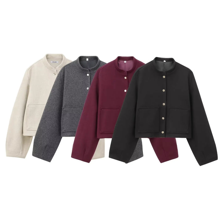 Damen 500+ Cropped Boxy Wollmix‑Blousonjacke mit Stehkragen, Druckknöpfen und großen aufgesetzten Taschen Drune