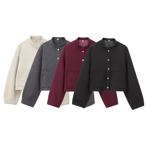 Damen 500+ Cropped Boxy Wollmix‑Blousonjacke mit Stehkragen, Druckknöpfen und großen aufgesetzten Taschen Drune
