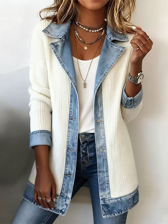 Damen Lange Strickjacke mit Denim-Kragen und Denim-Besatz Drune