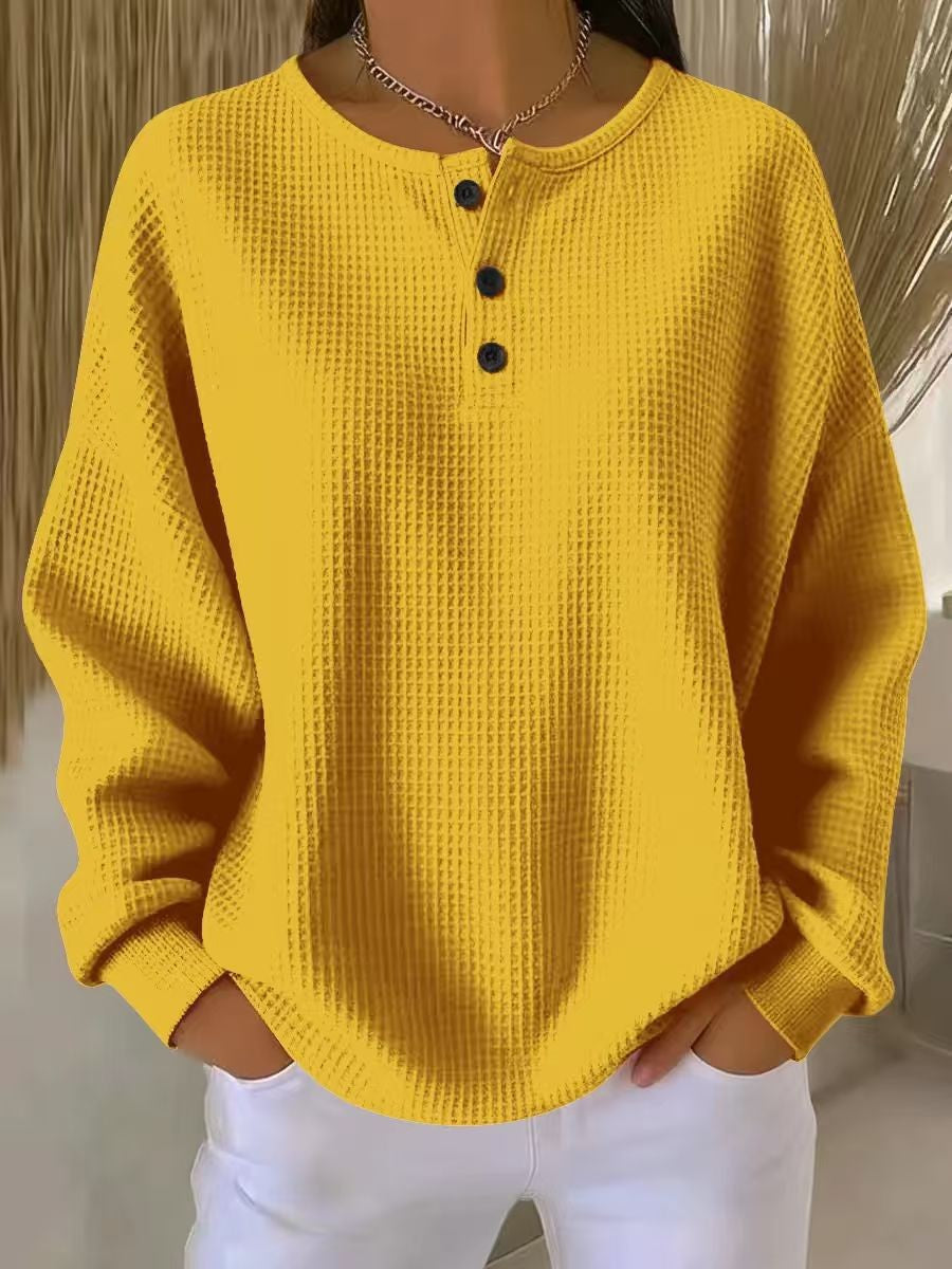 Damen Oversize Waffelstrick-Henleyshirt mit Knopfleiste und Rundhalsausschnitt Drune