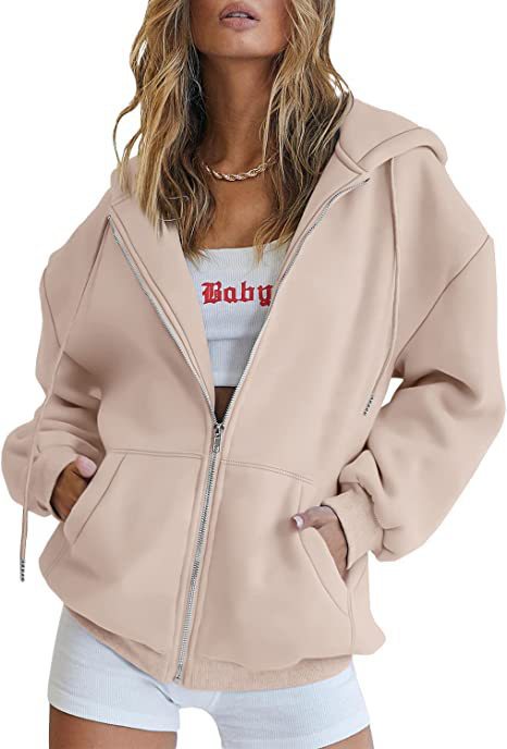 Damen nan oversized Kapuzenjacke mit durchgehendem Reißverschluss Kängurutaschen und weichem Sweatmaterial Drune