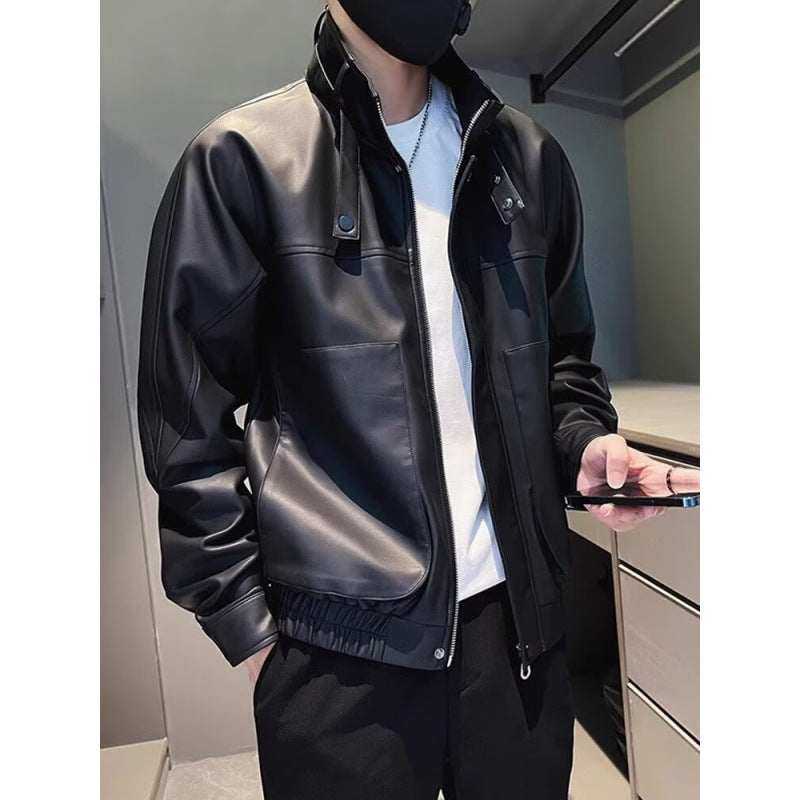 Herren Biker-inspirierte Kunstleder-Bomberjacke mit Stehkragen und elastischem Saum Drune
