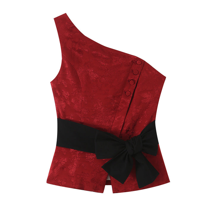 Damen Ein-Schulter Jacquard-Top mit Taillenband und Zierschleife Drune