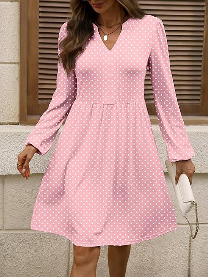 Damen Polka‑Dot A‑Linien Kleid mit V‑Ausschnitt und Taillennaht Drune