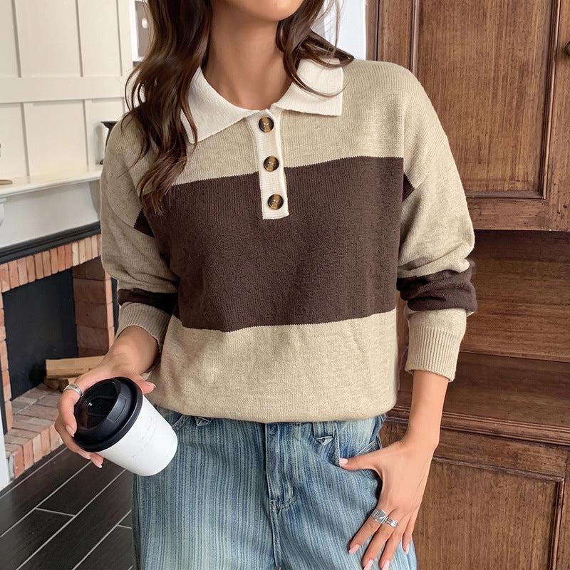 Damen Modischer Strickpullover mit Kragen und Knopfdetails Drune
