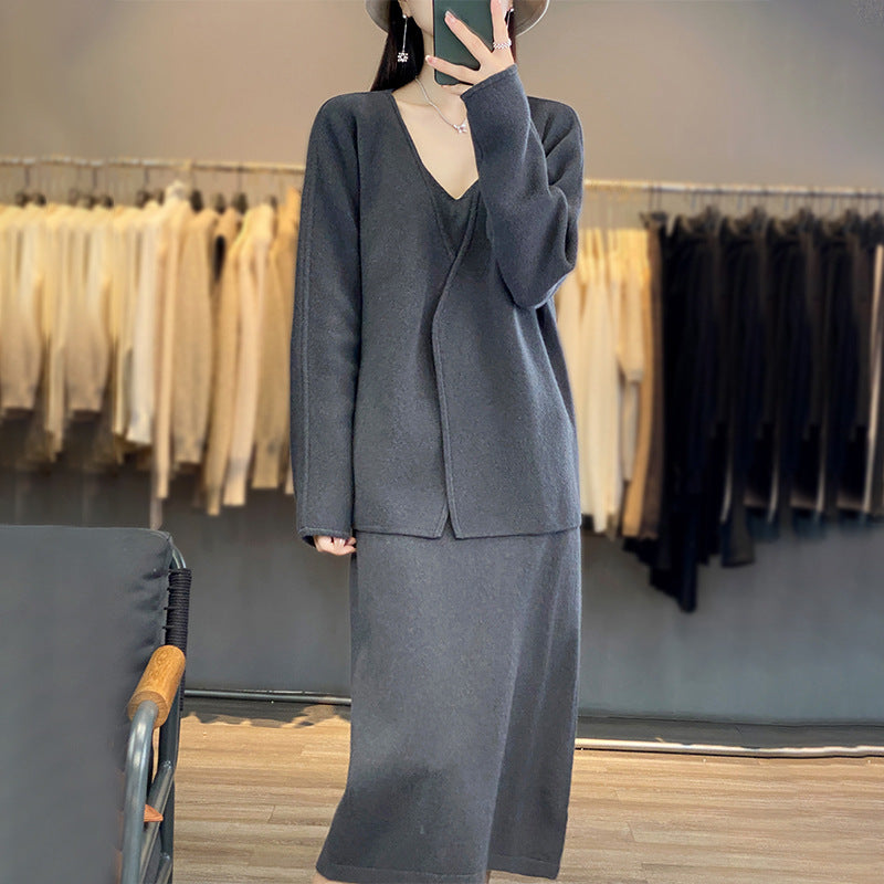 Damen gemustertes Strickkleid mit V-Ausschnitt und lässigem Schnitt Drune