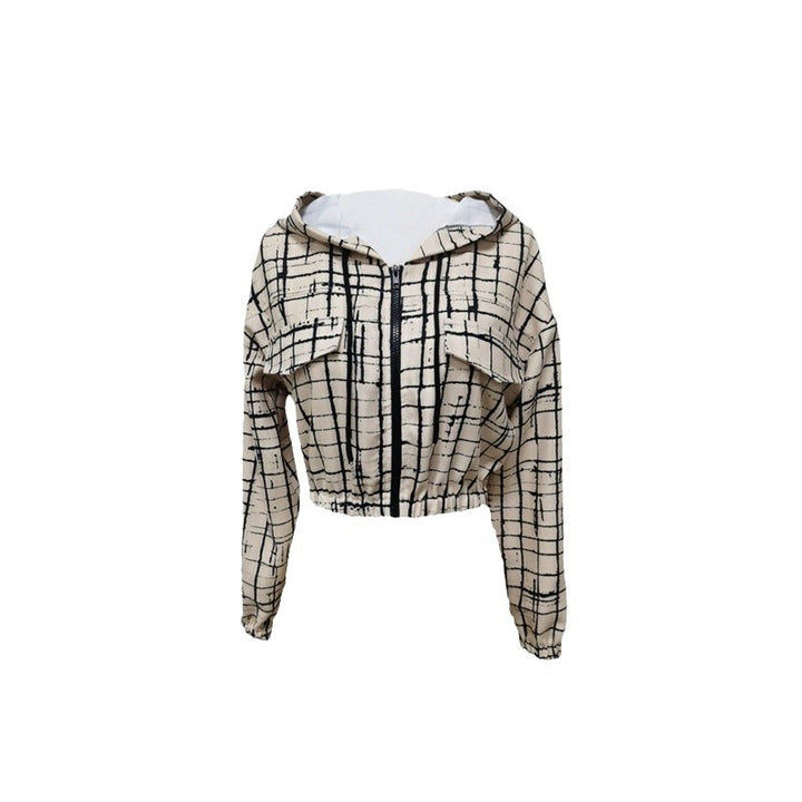 Damen stylische kurz geschnittene Jacke mit geometrischem Muster und moderner Kängurutasche Drune