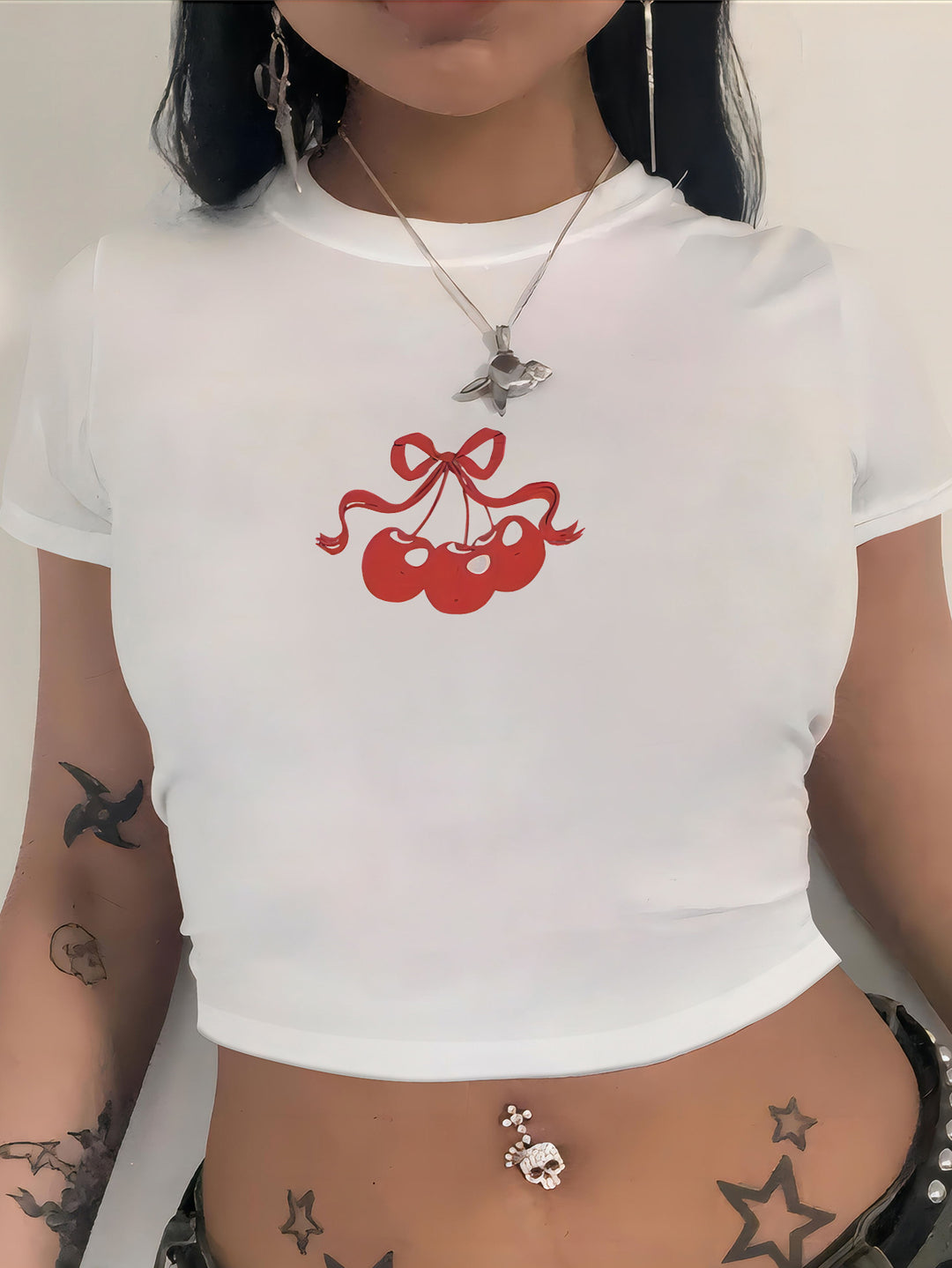Damen Crop-T-Shirt mit kreativem Totenkopf-Design und figurbetontem Schnitt Drune