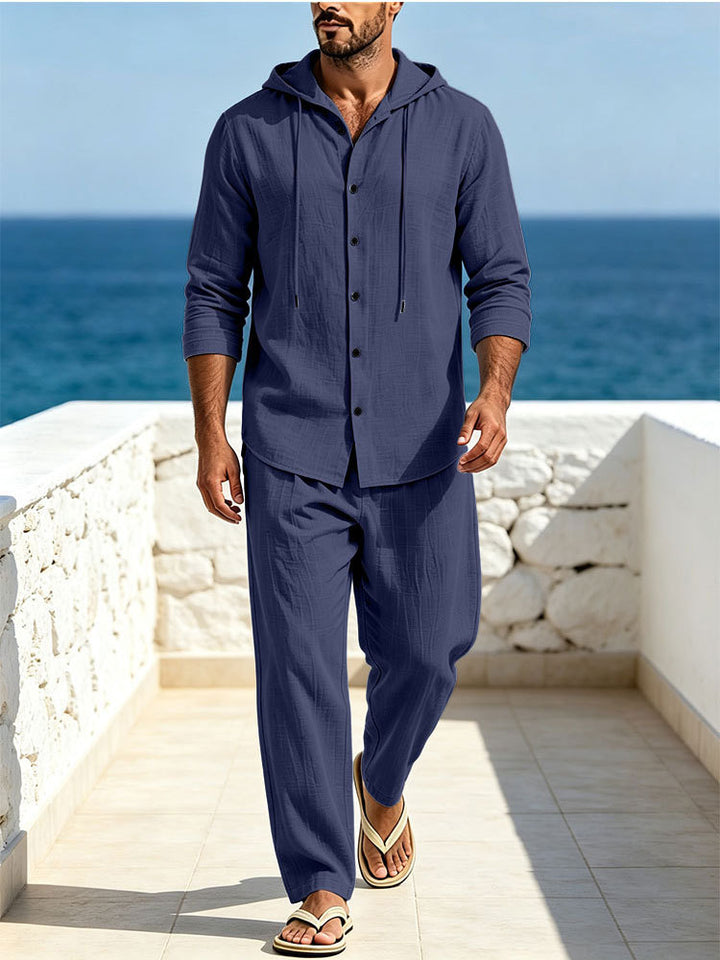 Herren Atmungsaktives Baumwoll-Gauze Loungewear-Set mit Kapuzenhemd und weiten Sommerhosen Drune