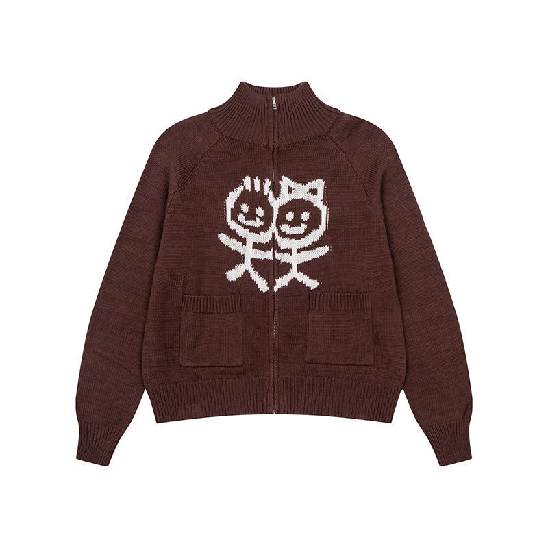 Damen Grobstrick-Zipcardigan mit Stehkragen, aufgesetzten Taschen und Cartoon-Intarsie Drune
