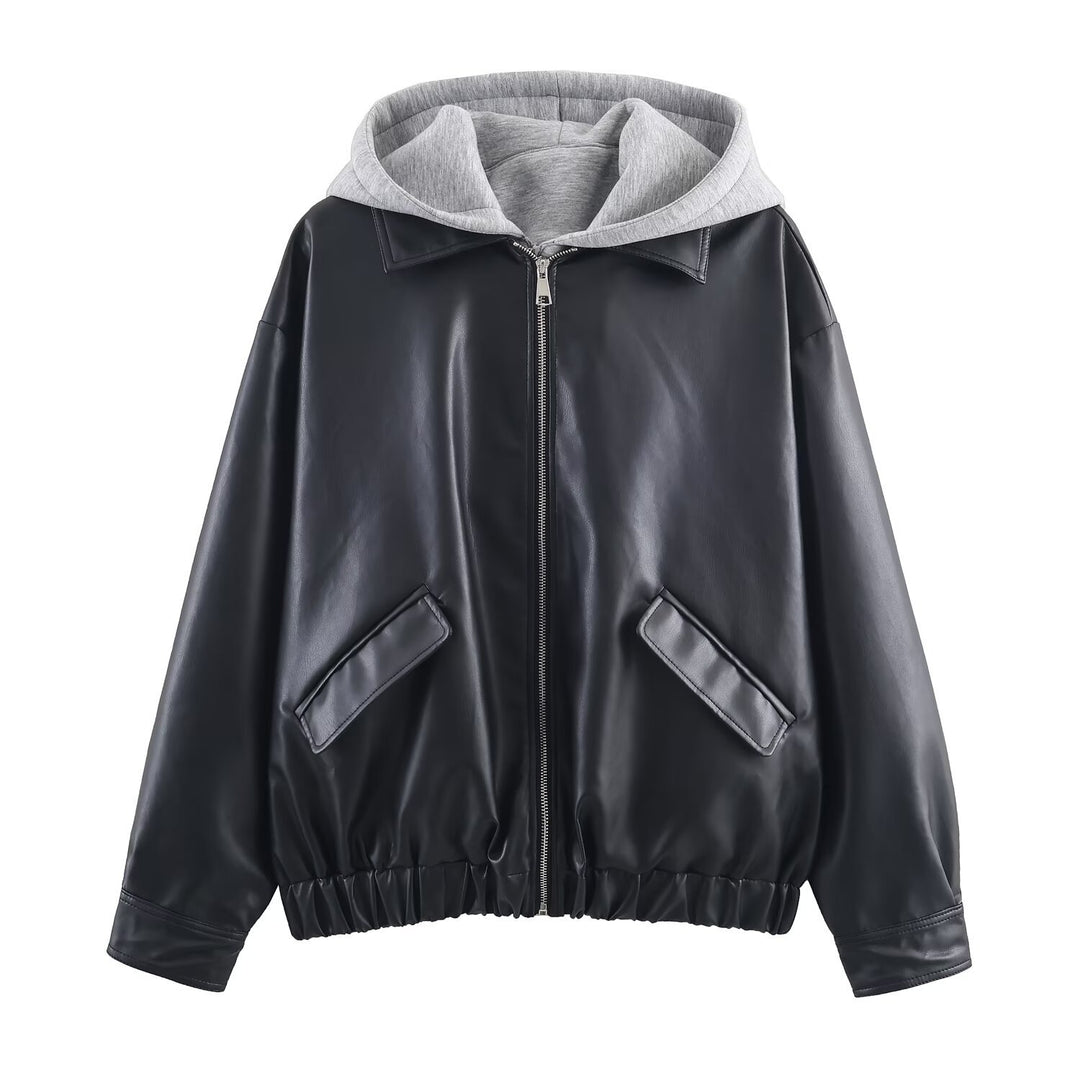 Damen Kunstleder-Bomberjacke mit abgesetzter Kapuze im Sweatstyle und elastischem Saum Drune