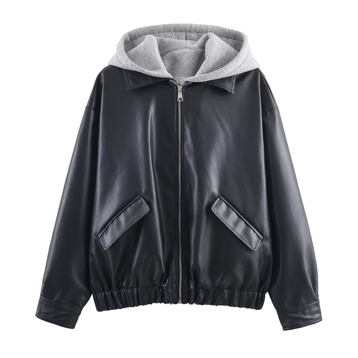 Damen Kunstleder-Bomberjacke mit abgesetzter Kapuze im Sweatstyle und elastischem Saum Drune