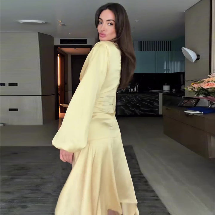 Damen elegantes Wickelkleid mit modischen Cut-Out-Details und voluminösen Ärmeln Drune
