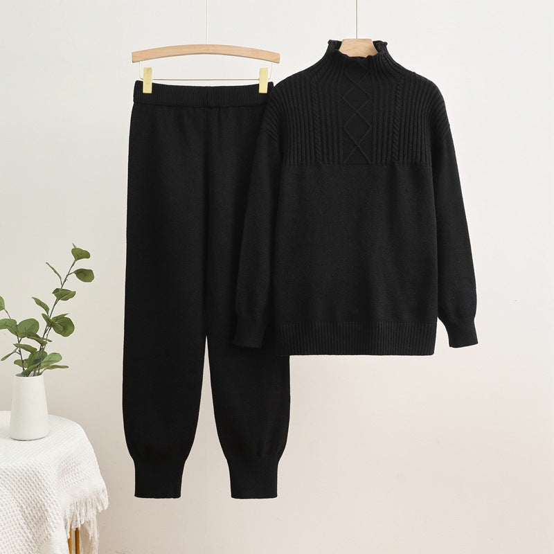 Damen gemütliches Strick-Loungewear-Set mit hohem Kragen und Rippstruktur Drune