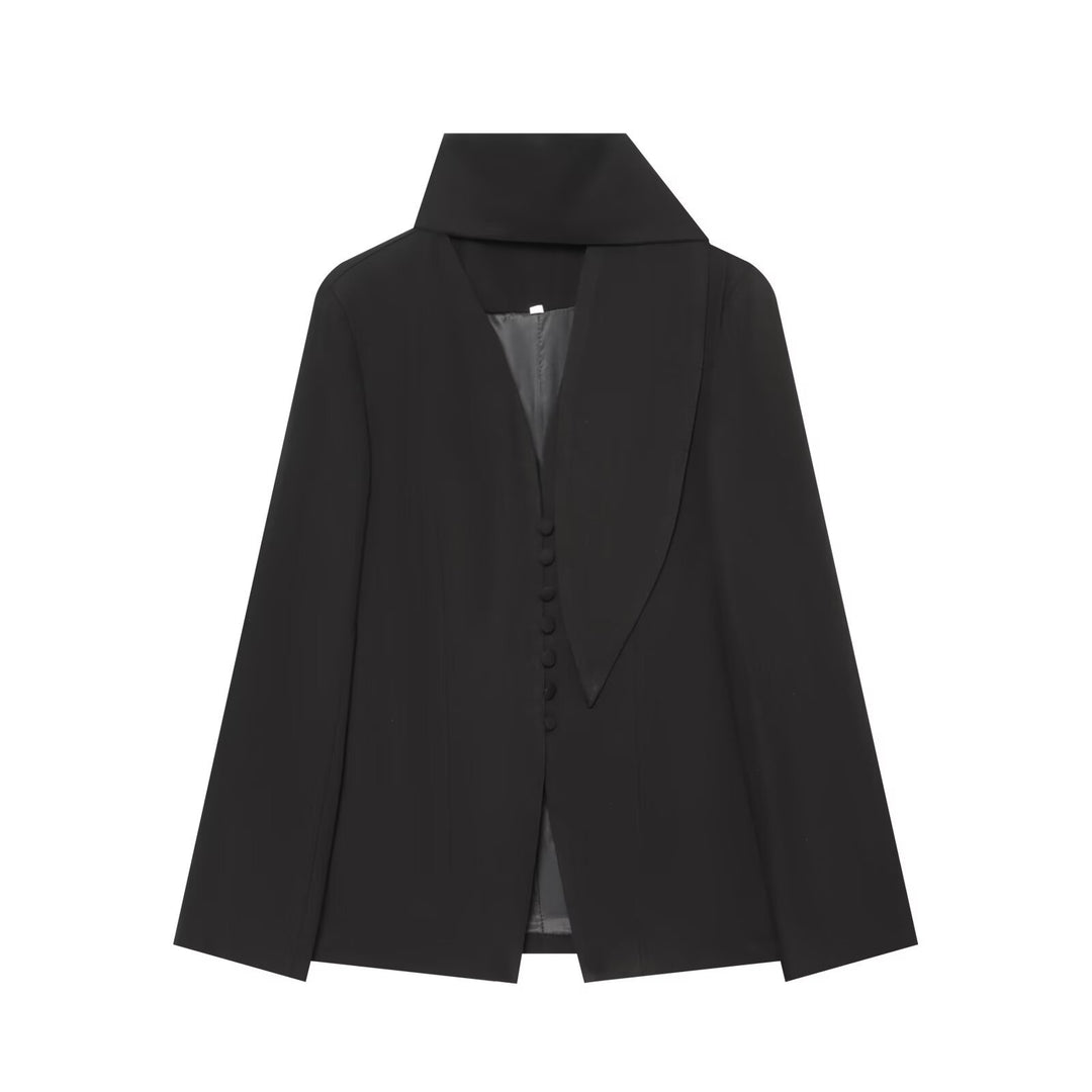 Damen Eleganter Longline-Blazer mit hohem Funnelkragen und überziehbaren Stoffknöpfen Drune