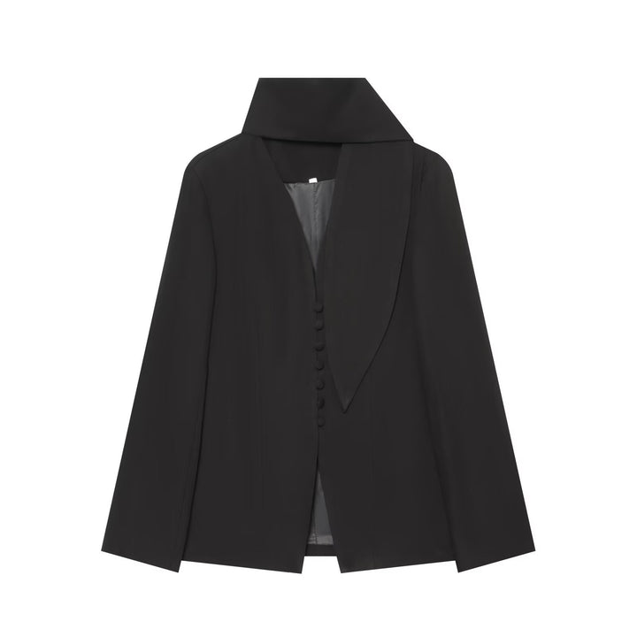 Damen Eleganter Longline-Blazer mit hohem Funnelkragen und überziehbaren Stoffknöpfen Drune