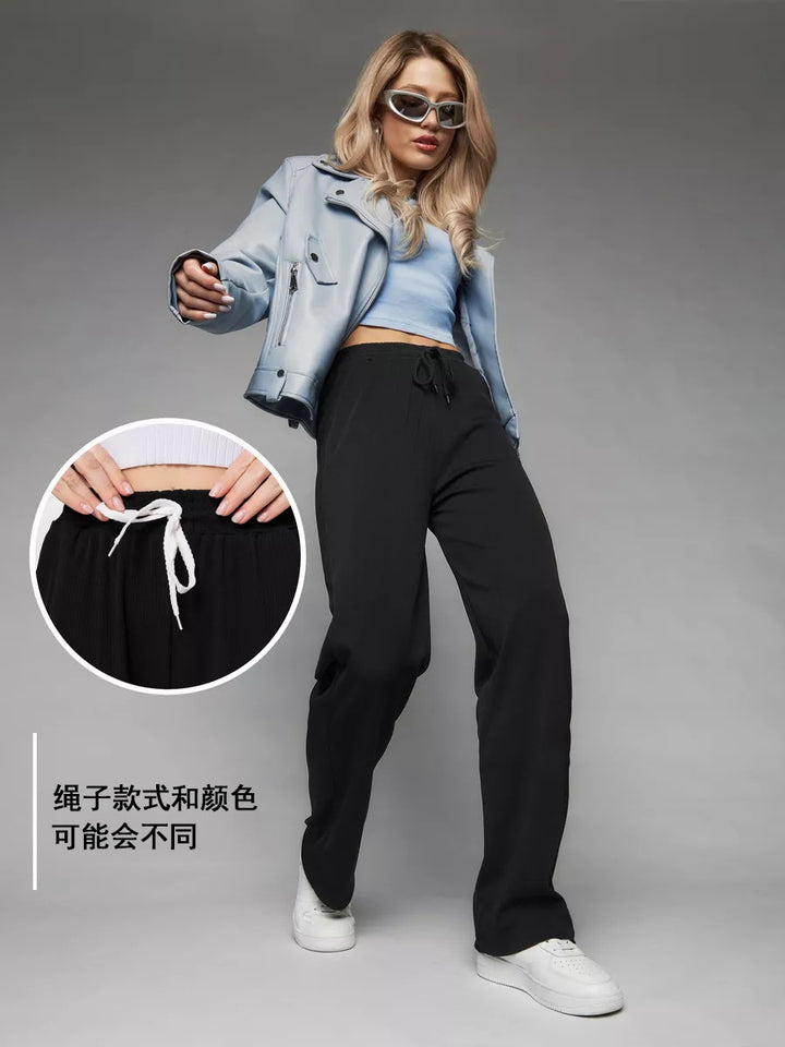 Damen weite hochgeschnittene Loungehose mit elastischem Bund und Kordelzug Drune