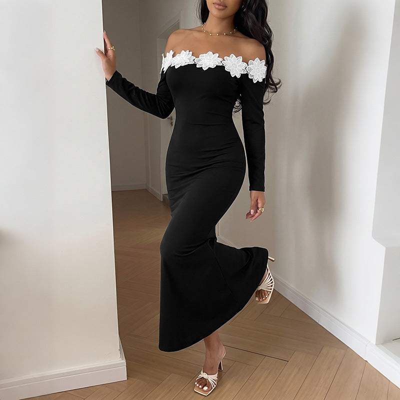 Damen Elegantes Off-Shoulder Maxikleid mit Spitzeneinsätzen Drune