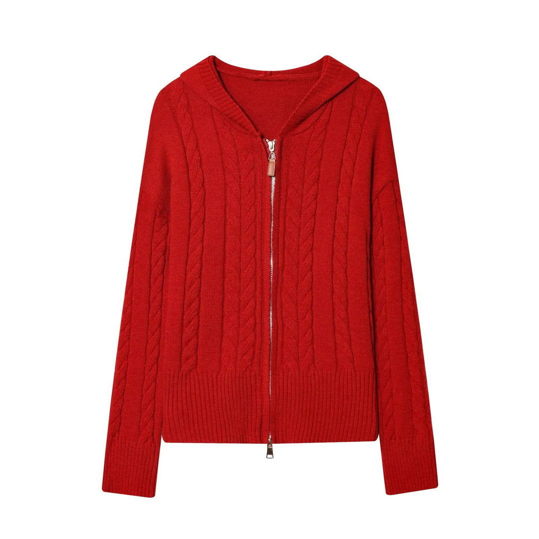 Damen Kapuzenstrickjacke mit Zopfstrickmuster und Metallreißverschluss Drune