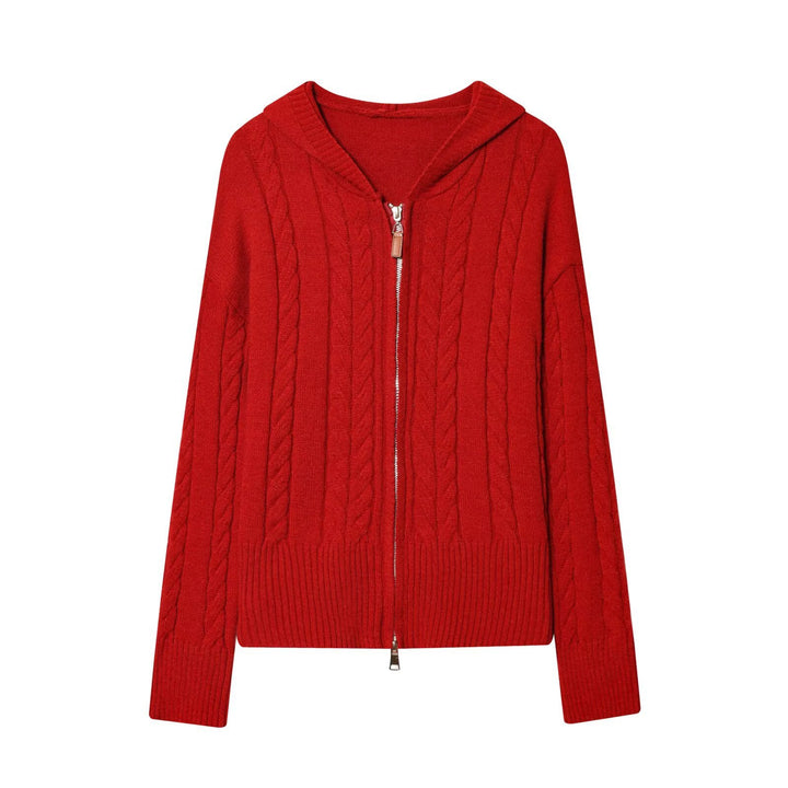 Damen Kapuzenstrickjacke mit Zopfstrickmuster und Metallreißverschluss Drune