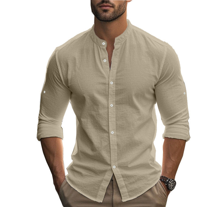 Herren Langarm-Hemd mit modernem Henley-Kragen und kontrastierenden Knopfdetails Drune