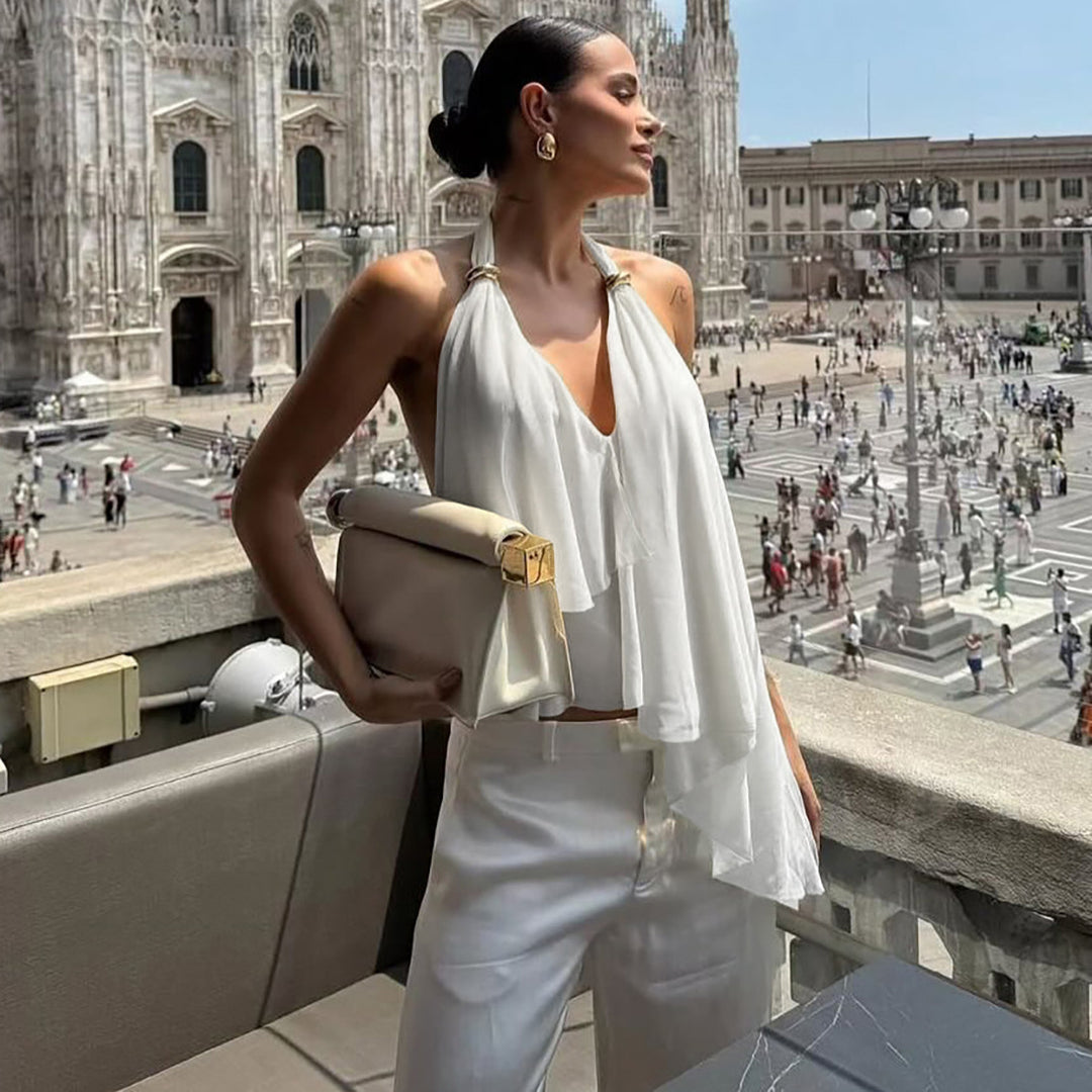 Damen Fließendes Chiffon-Oberteil mit elegantem V-Ausschnitt und Raffungen Drune