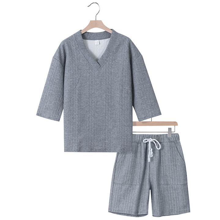 Unisex nan lässiges Lounge-Set mit V-Ausschnitt-Oberteil und Kordelbund-Shorts Drune