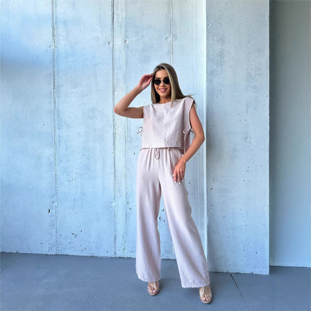 Damen weitbeiniger Jumpsuit mit geschichtetem Oberteil und Kordelzug Drune