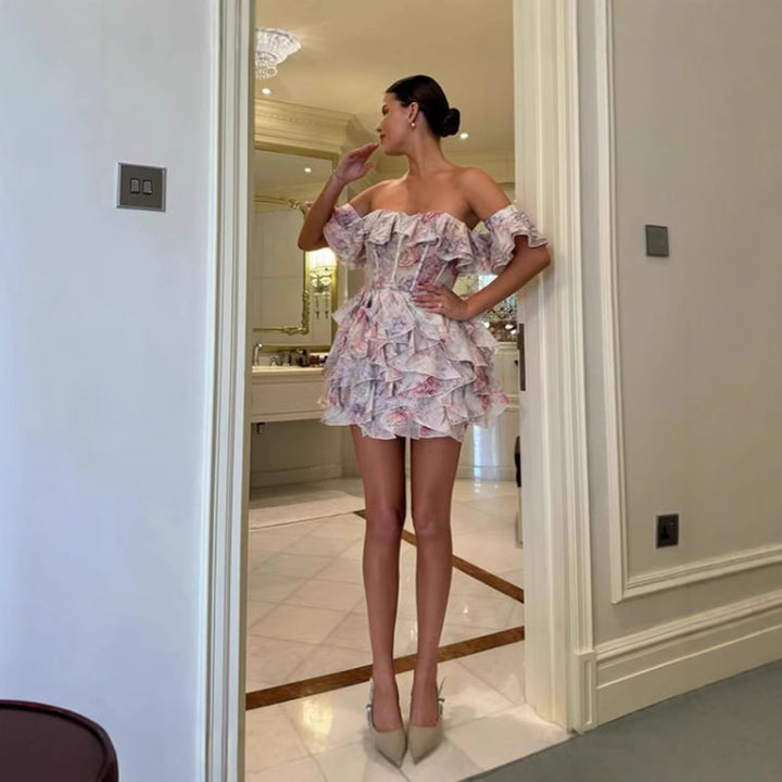 Damen Rüschendes Cocktailkleid mit schulterfreiem Design und tailliertem Schnitt Drune