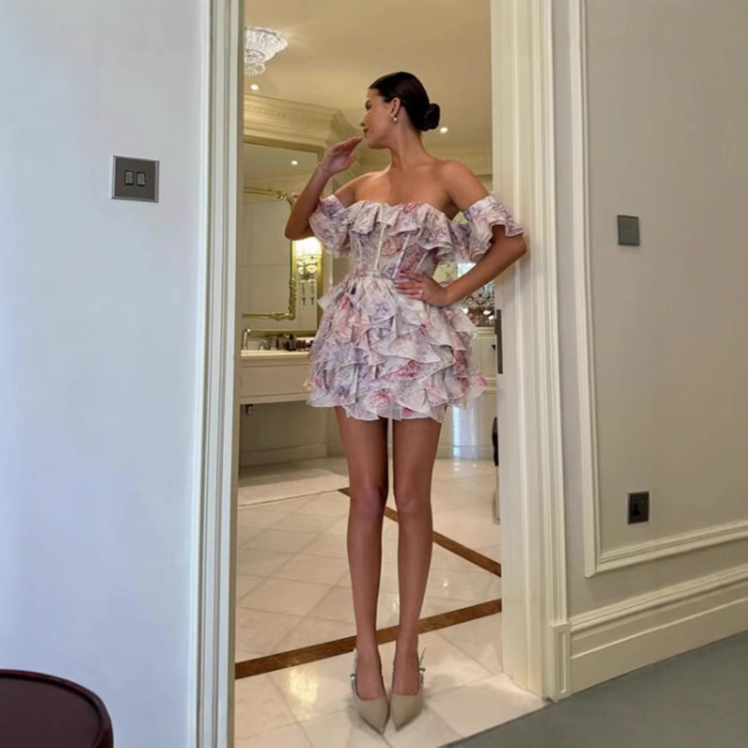 Damen Rüschendes Cocktailkleid mit schulterfreiem Design und tailliertem Schnitt Drune
