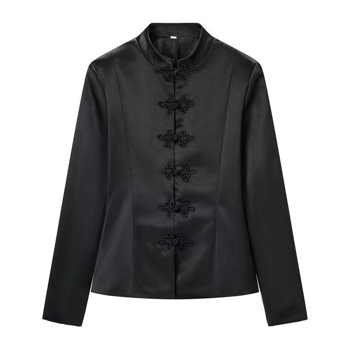Damen Taillierter Satin-Blazer mit Mandarinkragen und dekorativen Froschverschlüssen Drune
