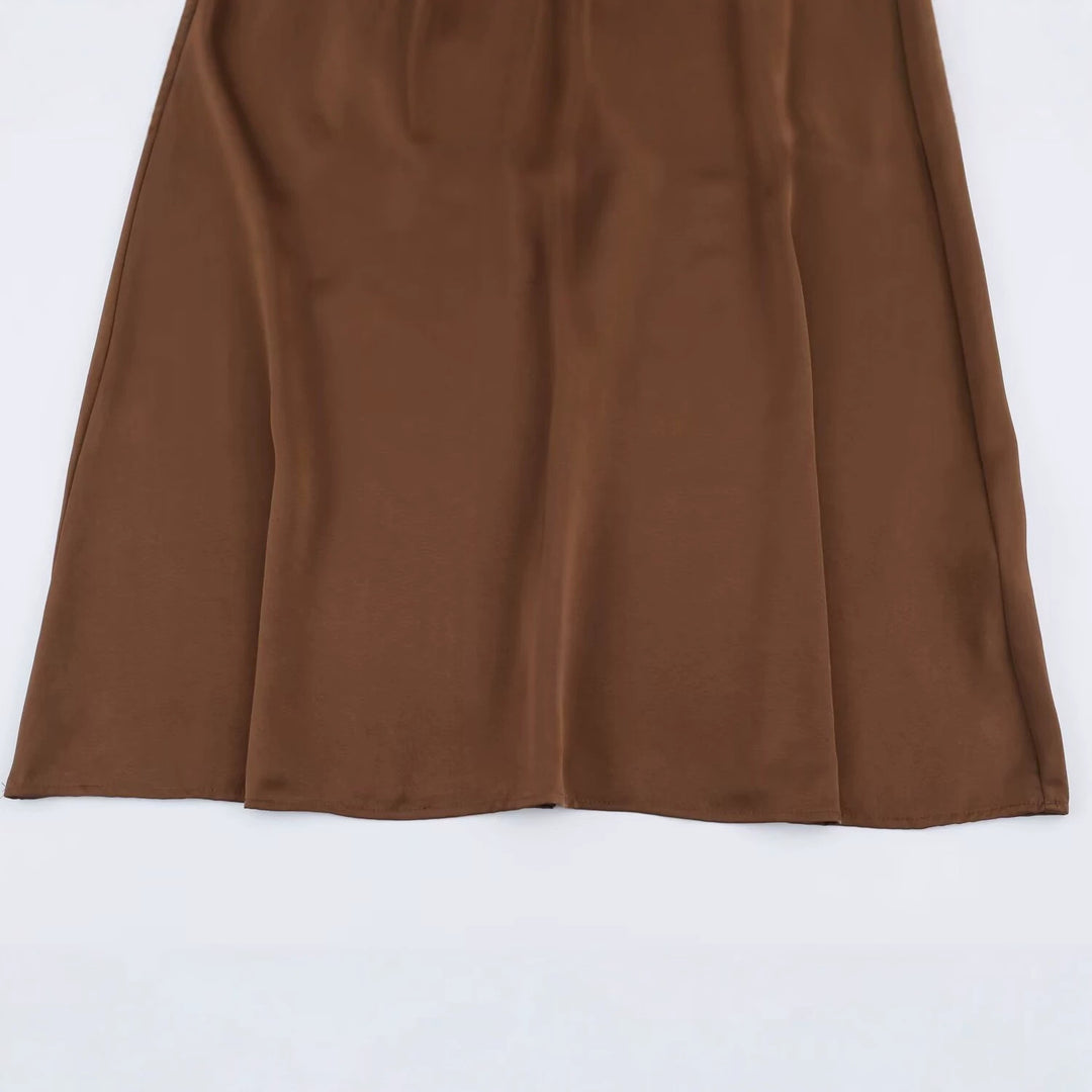 Damen Elegantes Satin-Maxikleid mit V-Ausschnitt und Spitzenbesatz Drune