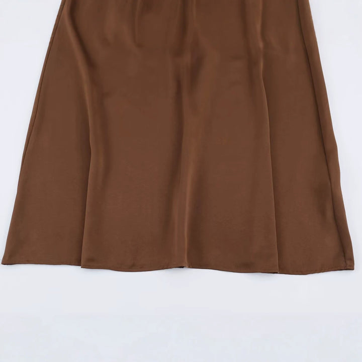 Damen Elegantes Satin-Maxikleid mit V-Ausschnitt und Spitzenbesatz Drune