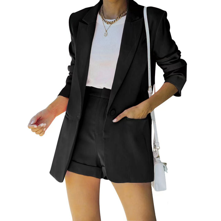 Damen nan figurbetontes Longblazer- und High-Waist-Shorts-Set mit überschnittenen Schultern und aufgesetzten Taschen Drune