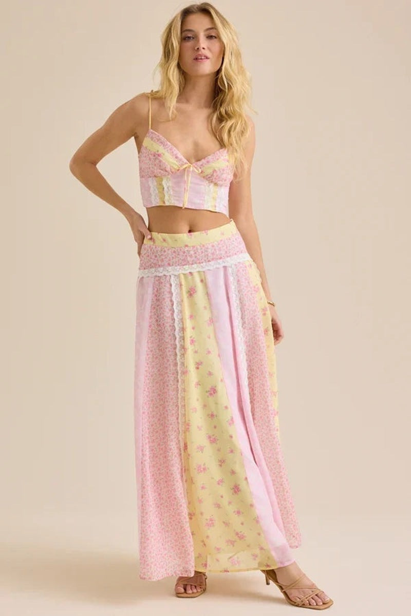 Damen nan romantisches Crop-Top mit Spaghettiträgern und gestuftem Patchwork-Maxirock Drune