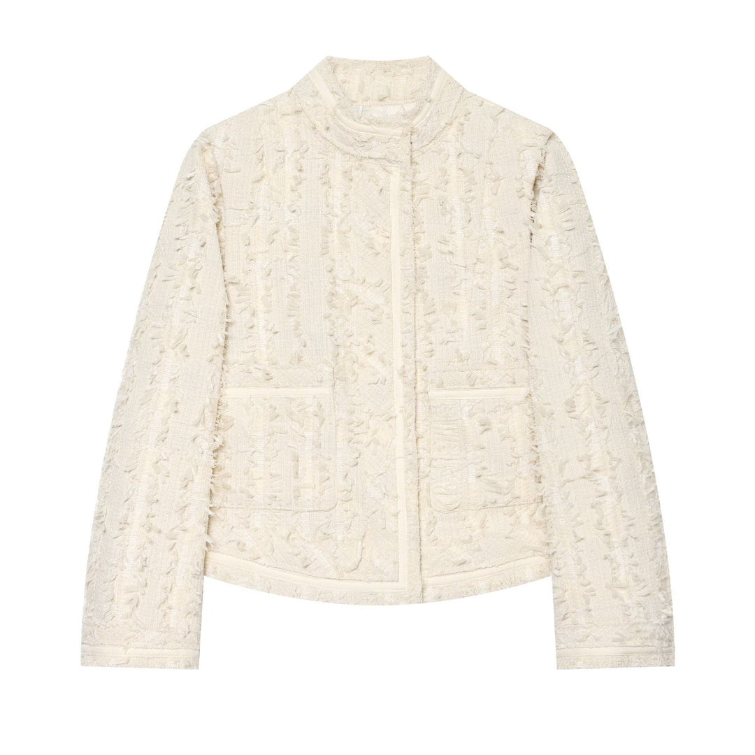 Damen Kurzjacke aus Bouclé-Tweed mit Fransendetails und Stehkragen Drune